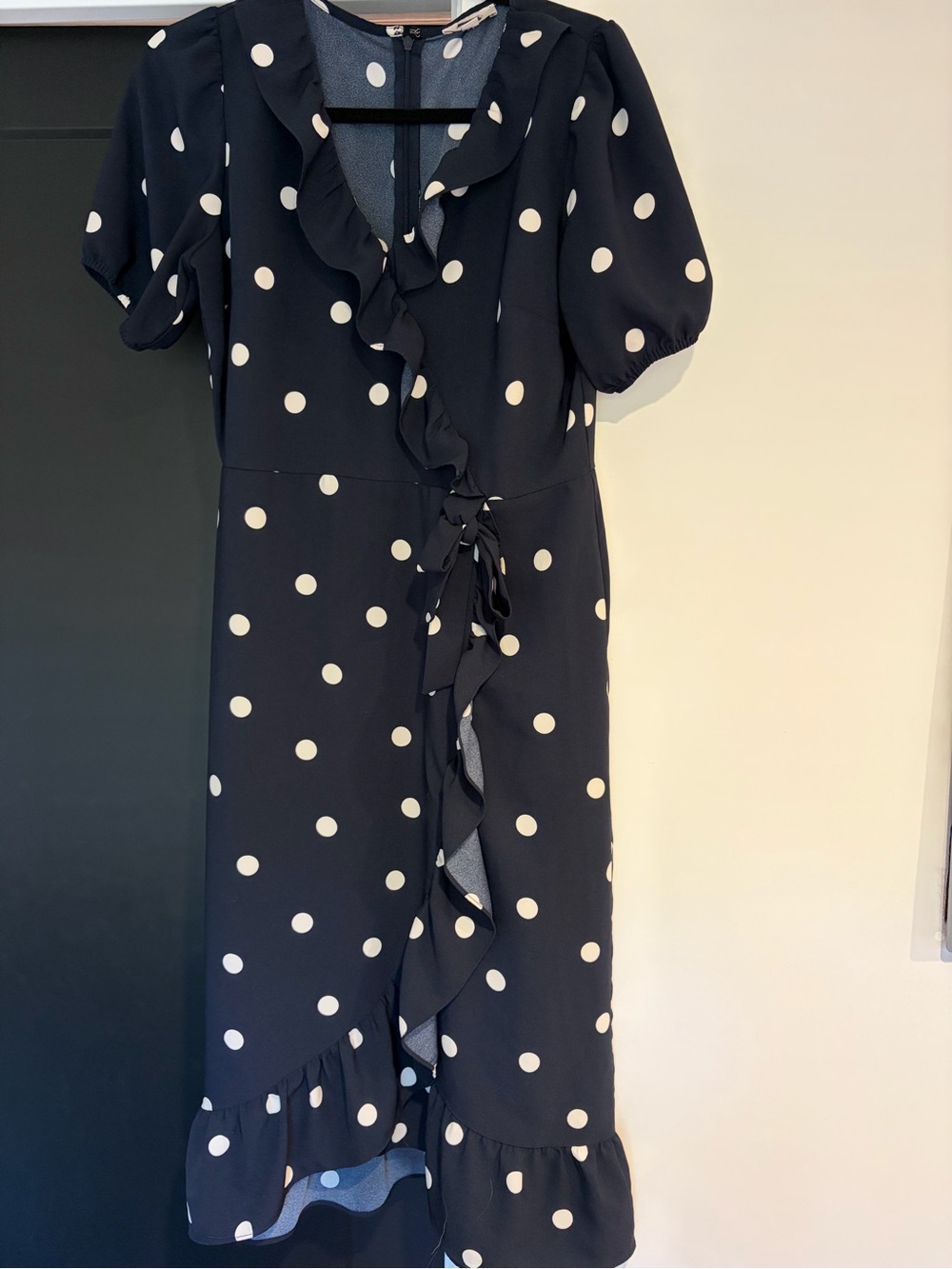 LOFT Navy and White Polka Dot Midi Wrap Dress